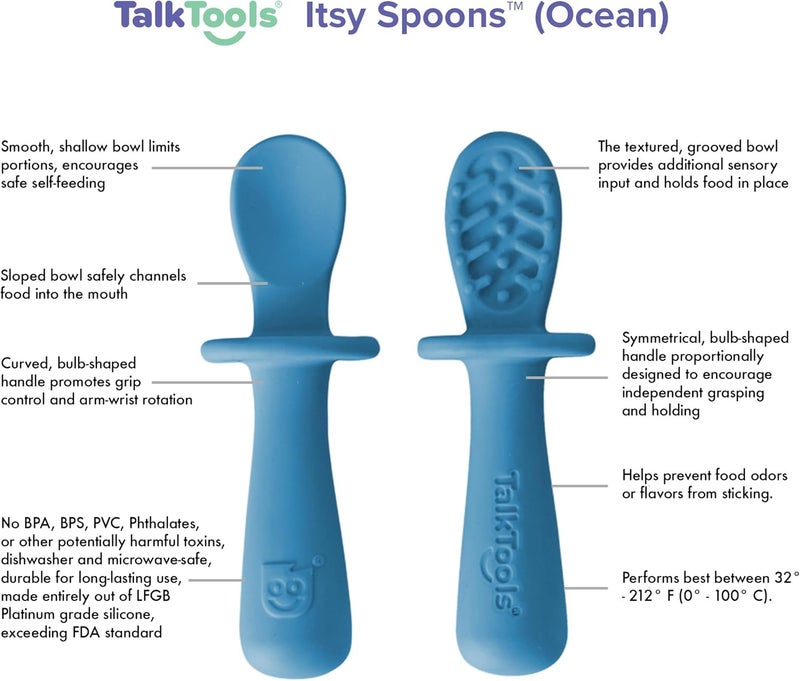 TalkTools ITSY Tiny Silicone Spoons – Twin Pack Soft Silicone Self-Feeding Training Spoons for Kids & Toddlers, Anti-Choking Flange Guard and Non-Slip Handle (Ocean) - Image 2